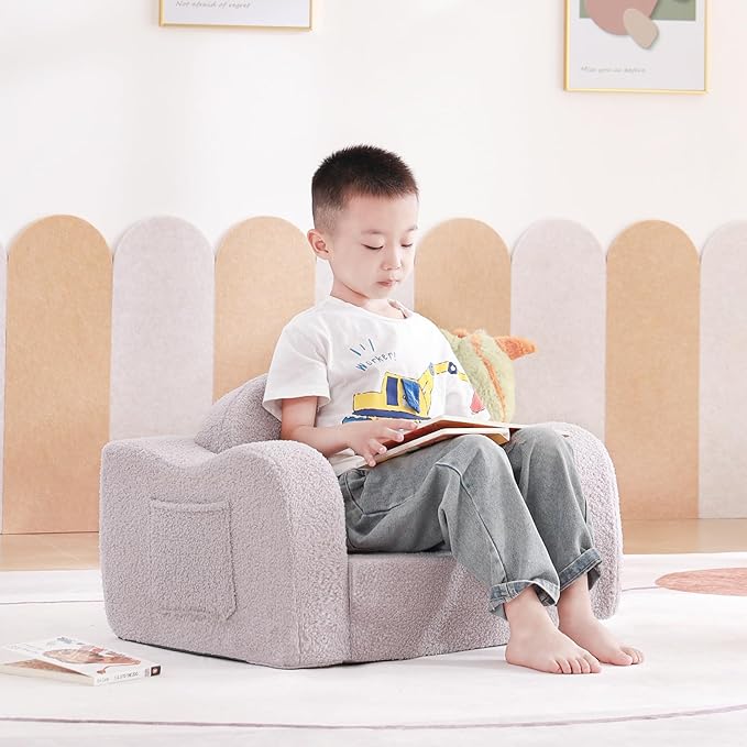 Tiita Kids Sofa, 2-in-1 Kids Sofa Chair, Convertible Chirldren Couch to Lounger, Flip Out Kids Sofa Chair, Toddler Armrest Chair Bed, Folding Kids Play Sofa for Girl or Boy, Grey