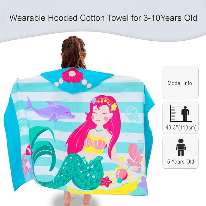 VOOVA & MOVAS Toddler Bath Towels Age 3-10,100% Cotton | Soft | Thick, Hooded Towel for Kids Girls, Perfect for Beach, Pool, Bath,Swim, Stripe Mermaid