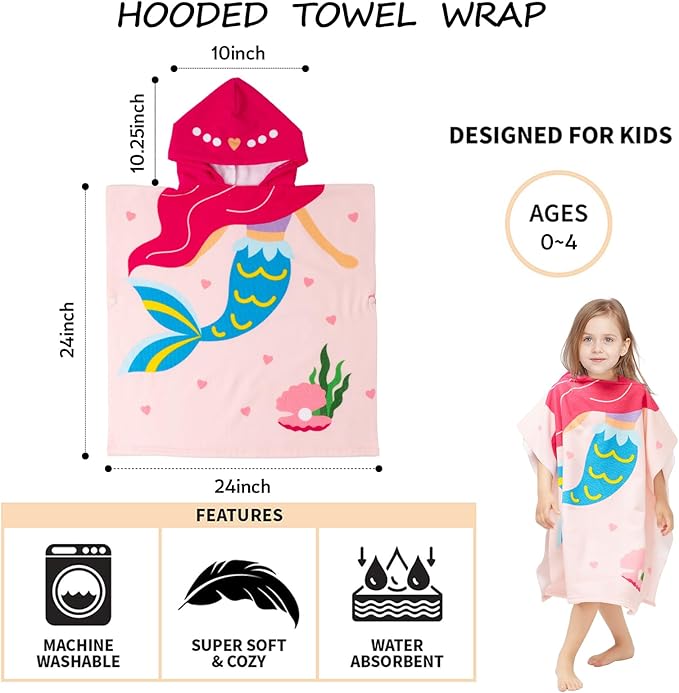 Hooded Towel for Toddlers 0-4 Years Boys Girls Kids Bath Pool Beach Towel Soft Absorbent Beach Poncho(Mermaid)