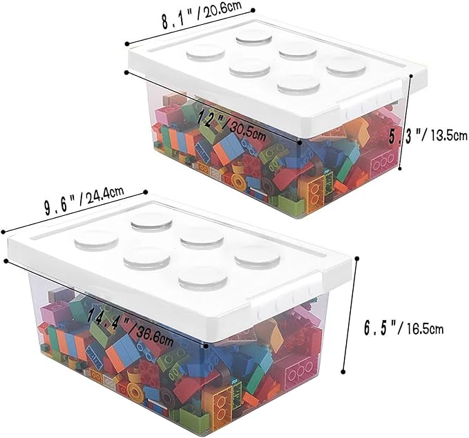 loobuu Plastic Storage Bins with Lids - Stackable Toy Storage Organizer Box Set of 2, Kids Toy Chests with Compatible Building Baseplate and Lid, Storage Container for Building Bricks & Toys- White