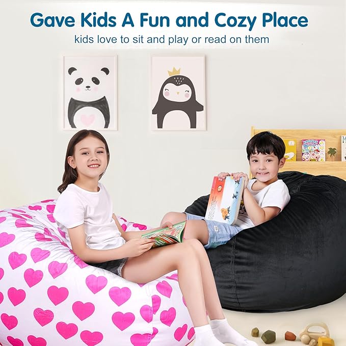 Lukeight Stuffed Animal Storage Bean Bag Chair Cover for Kids, Zipper Beanbag Chair Cover for Organizing Toddler and Kids' Rooms Plush Toys (Black, XX-Large)