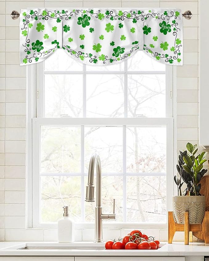 St. Patrick's Day Blackout Tie Up Valance Curtains for Kitchen Windows Green Shamrock Irish Clover Window Toppers Balloon Shades for Living Room/Bathroom/Bedroom,1 Panel, 54" X 18", Spring Holiday