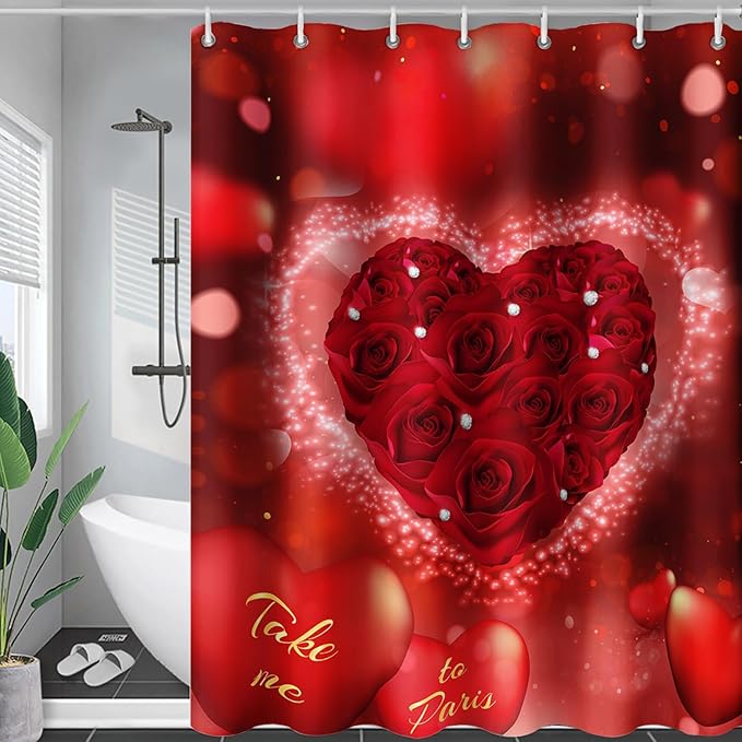 AILONEN Red Rose Hearts Printed Shower Curtain,Romantic Rose Lover Couple Bath Curtain,Fantasy Love Hearts Red Curtain for Bathroom Decor 72" W x 78" H,Waterproof