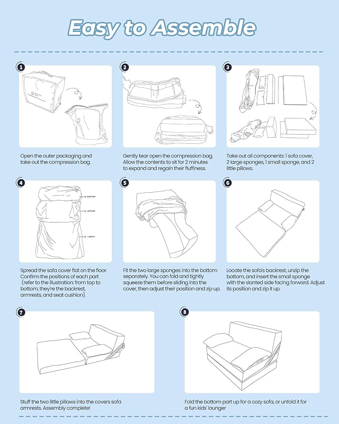 Weighted Idea 2-in-1 Kids Sofa Couch Fold Out for Girls and Boys, Folding Toddler Chairs Comfy Children Couch Baby Recliner, Convertible Sofa to Lounger(Blue Dinosaur, 23.5x18x16 inches)