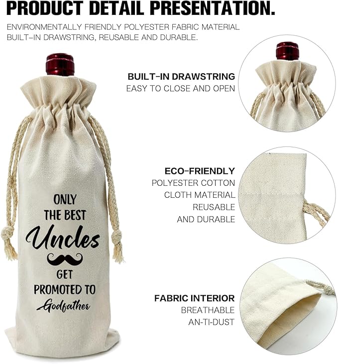 ZHANTUONE,Only the Best Uncles Promoted to Godfather,Father's Day Gifts,Funny party Wine Bags,Drawstring Polyester Cotton Cloth Wine Bag,Gift for Godfather Godparents Baptism Gift