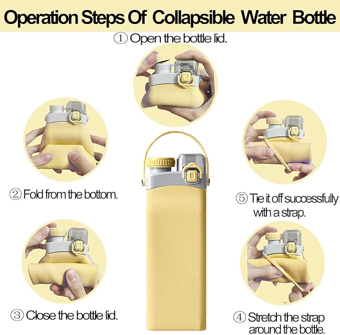 THAIOXYH® Collapsible Water Bottle 20 oz(600ml) Silicone BPA Free Reuseable Lightweight Foldable Water Bottles for Traveling Running Hiking Camping Sports (Yellow)