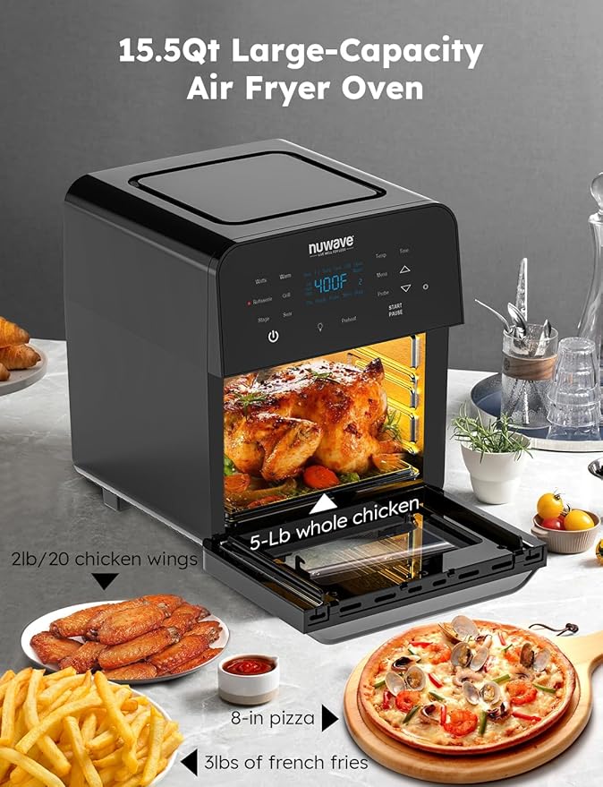 Nuwave Brio 15.5Qt Air Fryer Rotisserie Oven, X-Large Family Size, Powerful 1800W, 4 Rack Positions, 50°-425°F Temp Controls, 100 Presets & 50 Memory, Integrated Smart Thermometer, Linear T Technology