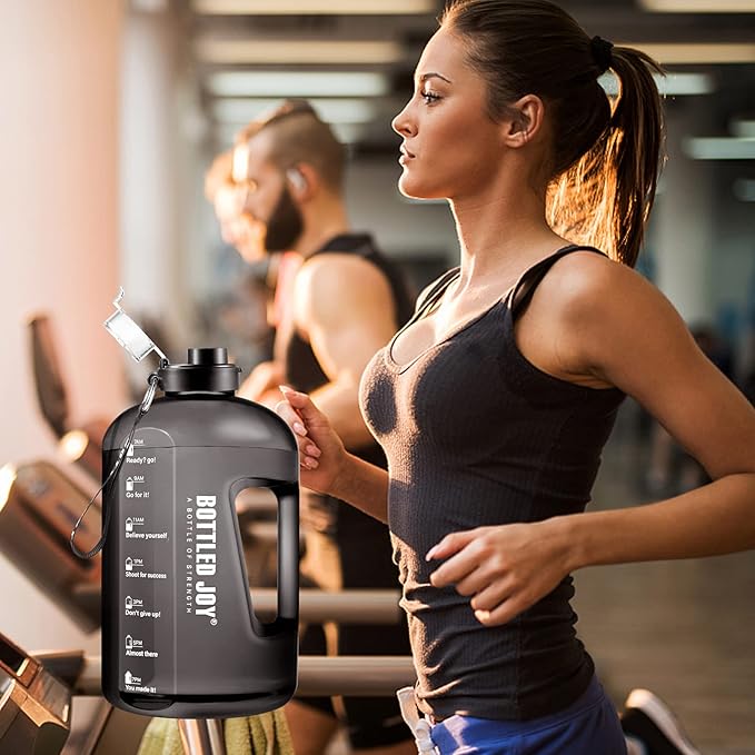 Water Bottle with Time Markings, 1 Gallon/ 3.5L Sports Water Bottle with Handle Leakproof Reusable & BPA Free, Flip Cap with Cleaning Brush Daily Water Intake Bottle Ideal for Gym Office