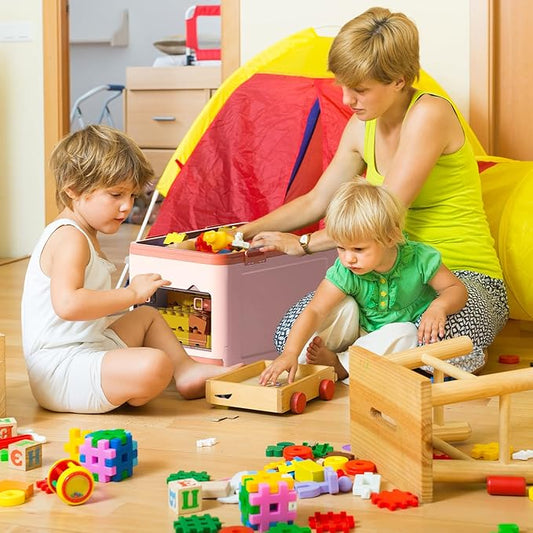 Collapsible Kids Storage Box with Building Base for Lego Toy Organizer Bins with Lids and Wheels Stackable Toys Chest Containers Building Block Bricks Storage Case for Children