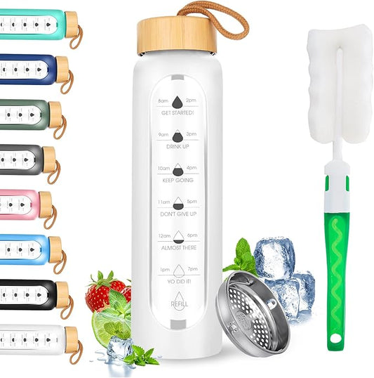 32 Oz Borosilicate Glass Water Bottle with Times to Drink | BPA Free - Reusable Wide Mouth Glass Motivational Water Bottles with Infuser & Silicone Sleeve (white)