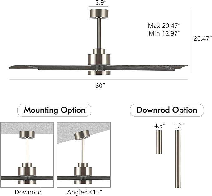 60" Modern Ceiling Fan with Lights and Remote Control, 5 Solid Wood Blades 6-Speed Noiseless Reversible DC Motor, Ceiling Fan for Bedroom Dinning Living Room, Nickel Finish with Wood Blades
