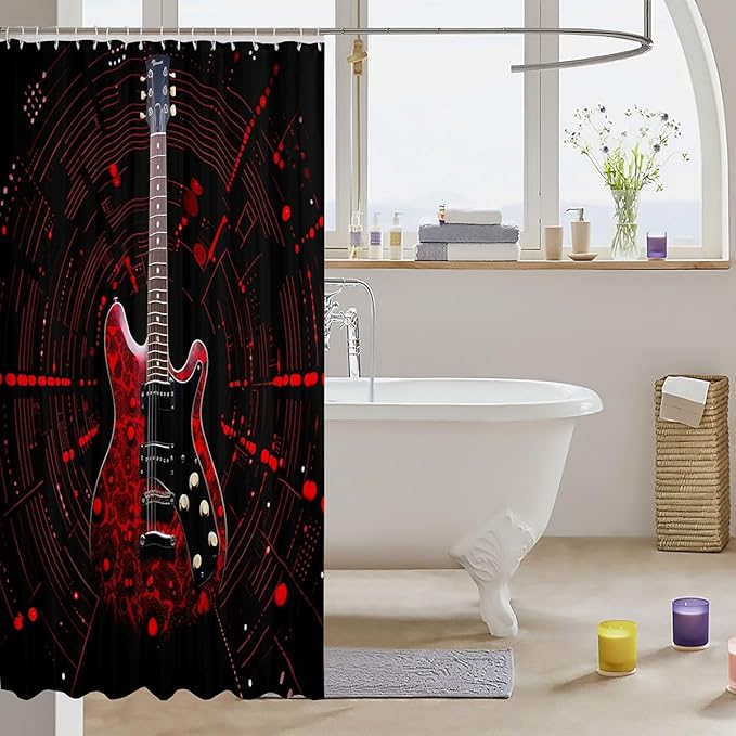 Feelyou Red Guitar Bathroom Waterproof Accessories with 12 Hooks Guitar Instruments Fabric Shower Curtain for Boys Girls Rock Music Shower Curtain Splash-Ink Curtains,72x72 Inches
