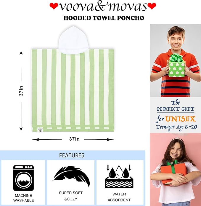 VOOVA & MOVAS Big Kids Hooded Towel Poncho | Large, Thick, Absorbent Cotton Towel Robe | 8-16Years | Versatile for Pool, Swim, and Bathroom | Sage and White Cabana Stripe