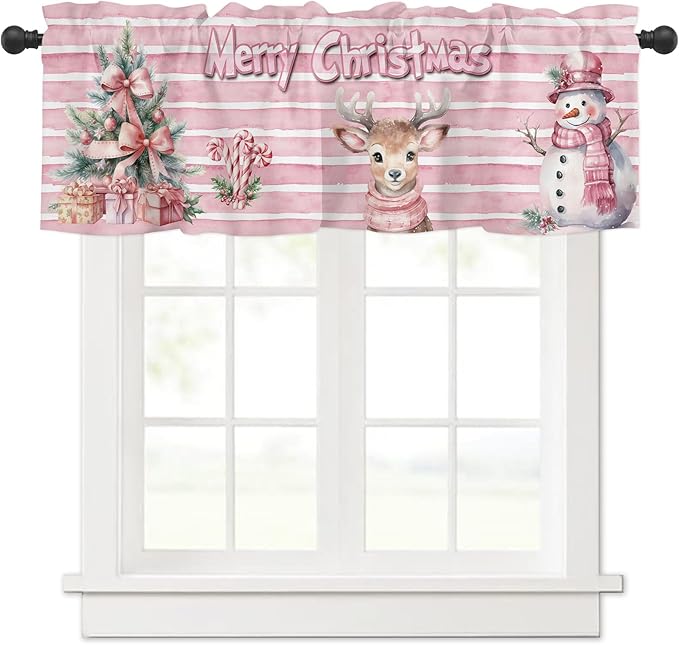 Pink Striped Window Valance for Bedroom Living Room, Pink Themed Christmas Window Curtain for Kitchen Bathroom, Cute Snowman and Reindeer Window Valance Rod Pocket Window Treatment, 54" W x 18" L
