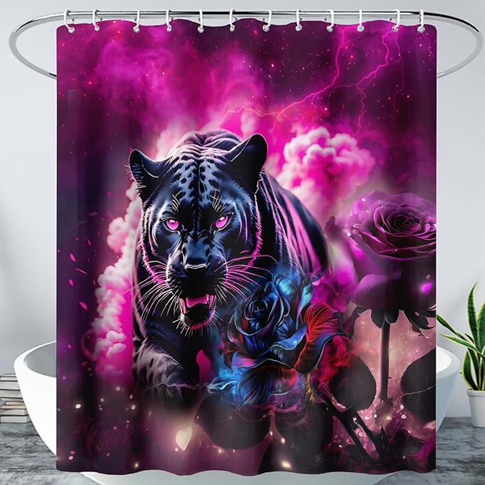 AILONEN 3D Black Panther Shower Curtain for Bathroom,Romantic Rose Smoky Leopard Printed Bath Curtain,Wildlife Cheetah Decoration Shower Curtain Waterproof 72" W*96" H