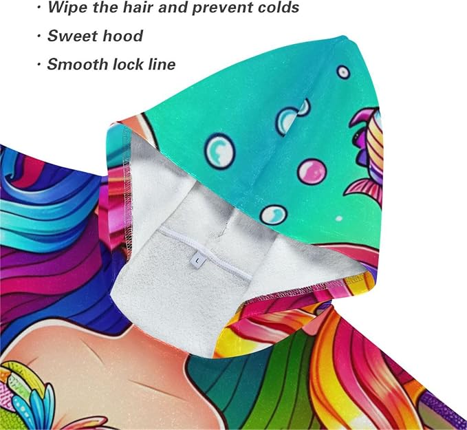 senya Mermaid Kids Beach Towel, Cartoon Color Mermaid Hooded Bath Pool Beach Towel Wrap Cover-ups Beach Poncho for Boys Girls