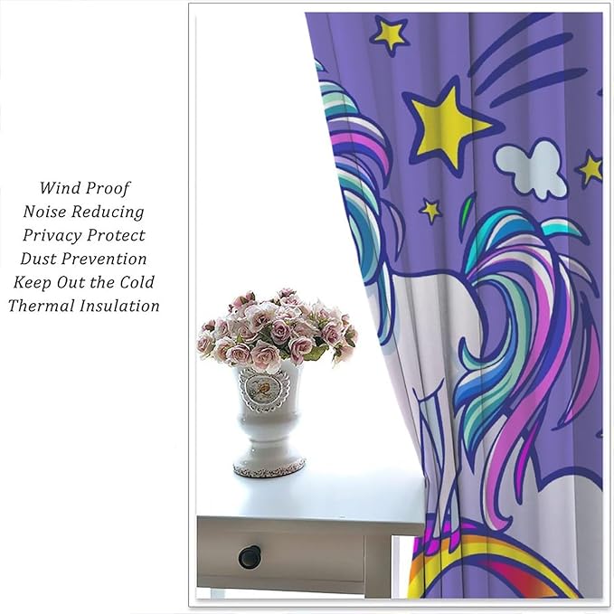 Kids Unicorn Curtains Purple Cartoon Rainbow Cartoon Room Blackout Curtains Boys Girls Baby Room Decor Curtains Living Room Decor 52x84 Inch 2 Panels
