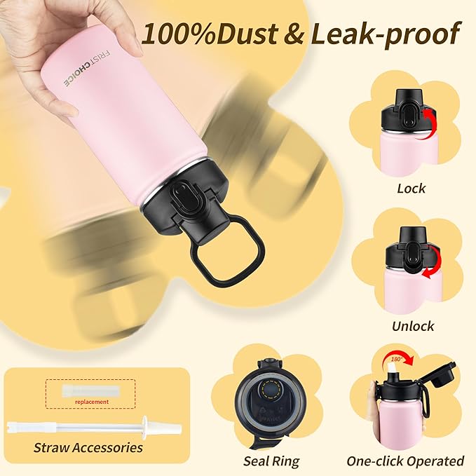 Kids Insulated Water Bottle with Straw,14oz Stainless Steel Water Bottle,BPA-free and Leak-proof,Double Wall Vacuum Water Flask for School,Gifts for Boys and Girls(14oz,Pink)