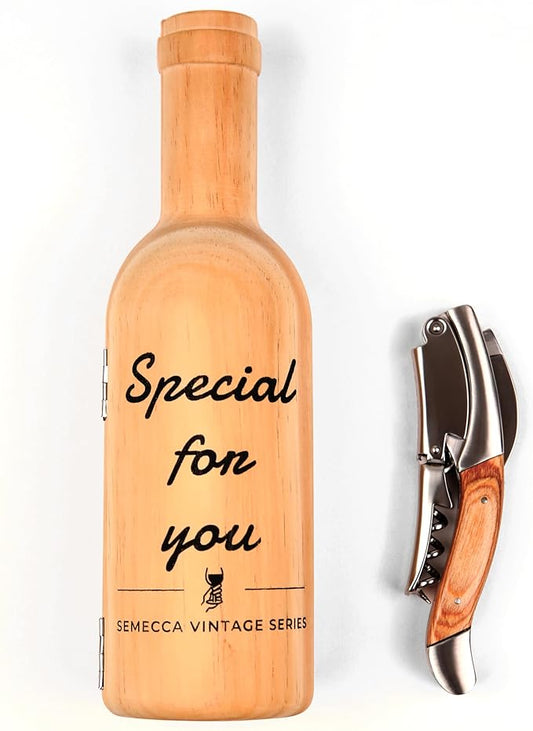 Semecca® Corkscrew Wine Opener, Waiter's Corkscrew, Double Stage, The perfect Wine Opener and Wine key, Wine Bottle Shaped Wooden Box, Gift for Wine Lovers (Naturalwood)