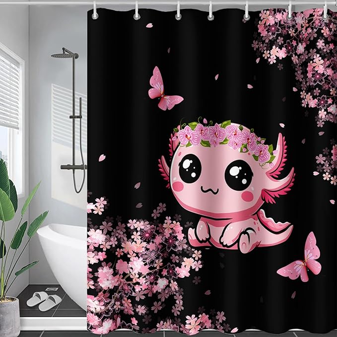 AILONEN Cute Cartoon Axolotl Kawaii Shower Curtain,Pink Cherry Blossom Floral Bath Curtain,Animal Axolotl Butterfly Waterproof Black Curtain for Bathroom, 36" W x 72" H
