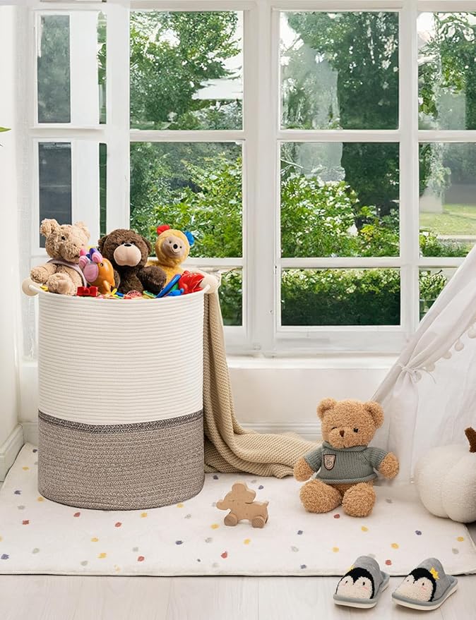 StorageWorks 58L Cotton Rope Laundry Basket with Wooden Beads Handles, Woven Basket for Storage, Dirty Clothes, Kids Toys, Towels, White & Light Brown