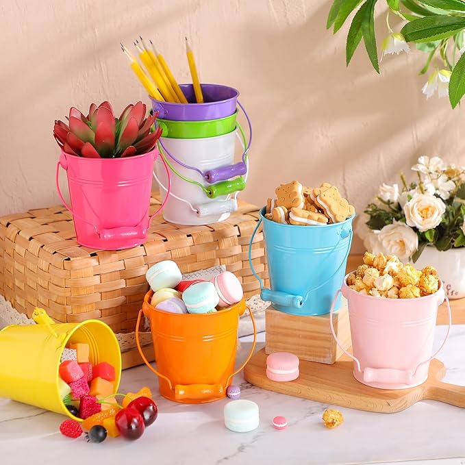 Therwen 24 Pieces Small Metal Buckets with Handle Colored Galvanized Bucket Round Metal Pail for Kids Classroom Candy Crafts,Utensils, Vase Party Favor(4.13 Inch,Wood Handle)
