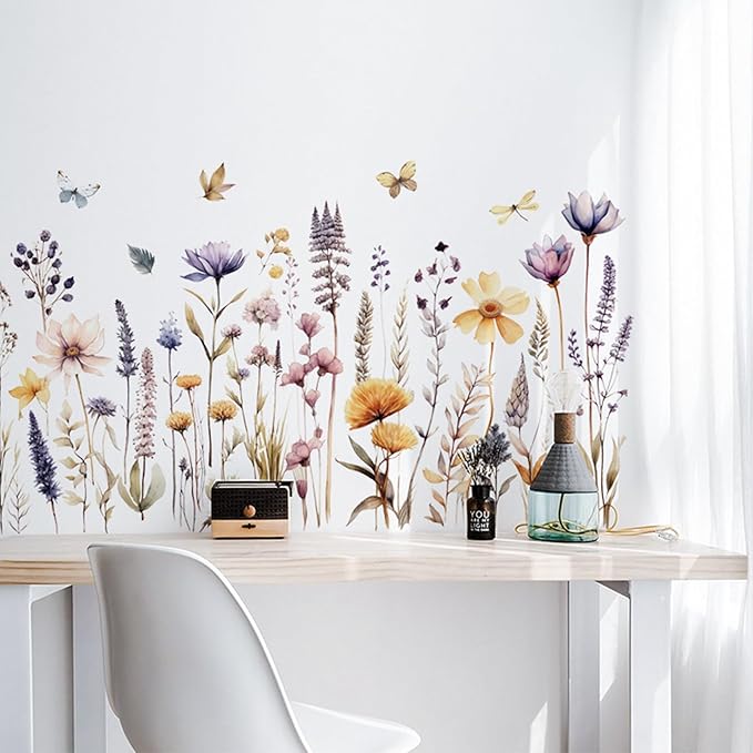 Flowers Wall Decals Wall Decor Vinyl Stickers, Wildflower Dandelion Grass Wall Art Murals, 3D Flower Pattern Self-Adhesive Wall Stickers for Girls Bedroom Living Room Nursery Decor