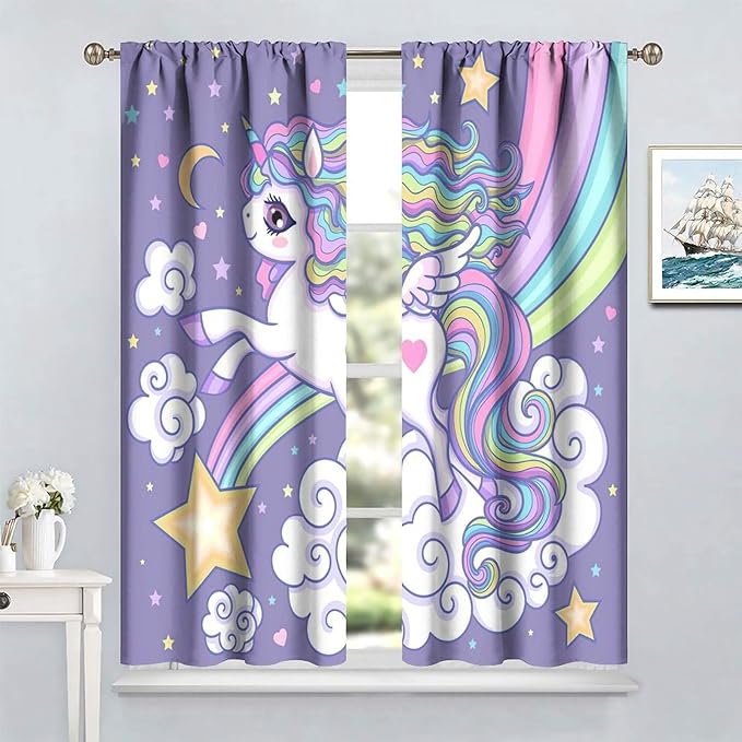 Kids Unicorn Curtains Purple Cartoon Rainbow Cartoon Room Blackout Curtains Boys Girls Baby Room Decor Curtains Living Room Decor 42x54 Inch 2 Panels