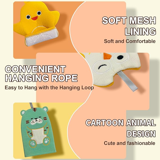 4 Pcs Children Bath Mitt Washcloths Gloves Kids Body Scrubber for Bathing with Cute Animal Shape, Wash Cloths for Babies, Bath Sponge for Kids & Toddler & Adults(Cute Tiger, Eagle, Duckling, Chicken)