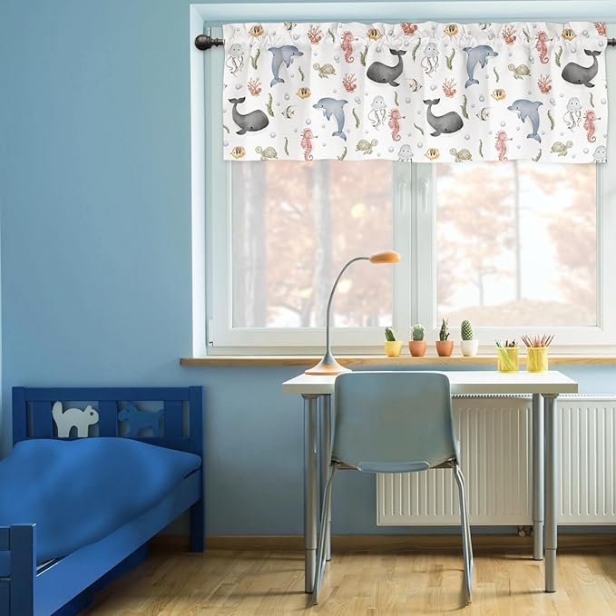 Sea Animals Valances 54''x18'' Whale Dolphin Jellyfish Sea Horse Turtle Fish Coral Kids Toddler Baby Nursery Bedroom Decor Drapes Rod Pocket Short Curtains for Living Room Bathroom Kitchen 1 Pack