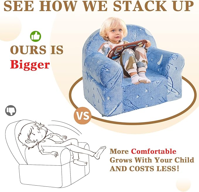 Toddler Chair Sherpa Couch Sherpa Kids Chair, Cuddly Comfy Toddler Plush Chair Toddler Couch Reading Chair for Kids Glow in The Dark Starry Sky Blue