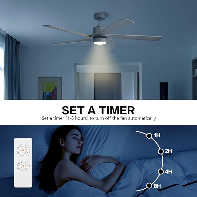 WINGBO 54 Inch DC Ceiling Fan with Lights and Remote Control, 5 Reversible Carved Wood Blades, 6-Speed Noiseless DC Motor, Modern Ceiling Fan in Graphite Finish with Gray Blades, ETL Listed