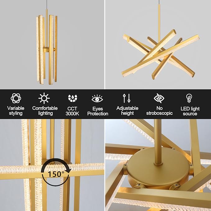 Kinglong Gold Chandelier【Upgraded】,Chandelier Light Fixture 6-Lights,Dimmable Acrylic LED Modern Chandelier for Dining Room,Living Room,Bedroom,Kitchen Island(L:20.07",W:17.32")