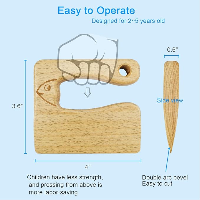Wooden Kids Knife for Cooking and Safe Cutting Veggies Fruits, Cute Fish Shape Kids Kitchen Tools, Perfect Gifts for kids, 2-5 Years Old Applicable