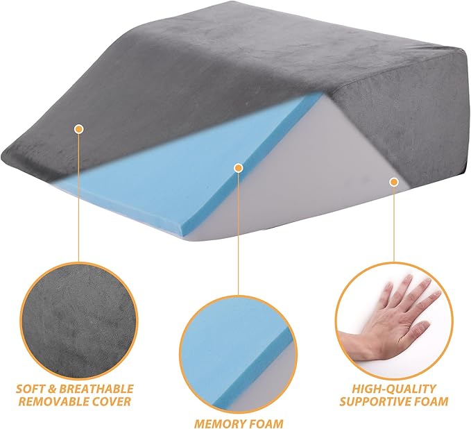 Leg Elevation Pillows, Leg Pillows for Sleeping, Cooling Gel Memory Foam Top, Wedge Pillow for Legs, Leg Wedges for Circulation, Swelling, After Surgery - Removable Cover (8 Inch, Grey)