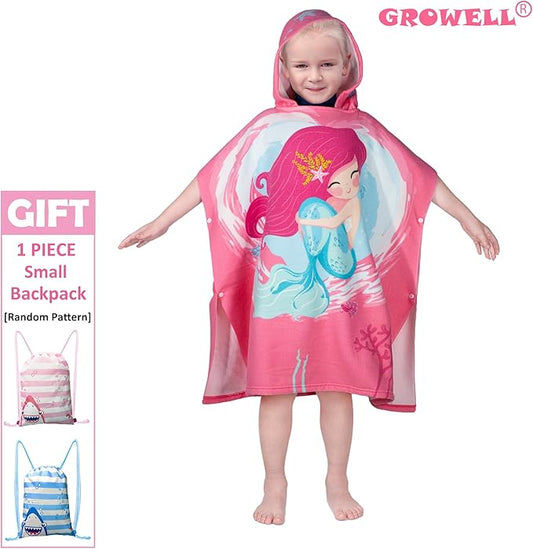 Hooded Kids Beach Towels - Toddler Bath Towel Girls Boys Swim Cover-ups for Ages 4 to 10 Kids Pool Towels Quick Dry Lightweight Soft Microfiber Poncho 30x30 with Bag (Mermaid Smile)