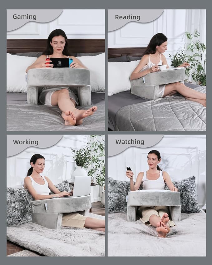 Weighted Idea Reading Pillow for Gaming, Meduim Gaming Pillow for Adult,Table Pillow with 2 Side Pockets for Gaming, Reading, Working Sitting in Bed Floor Sofa (Grey)