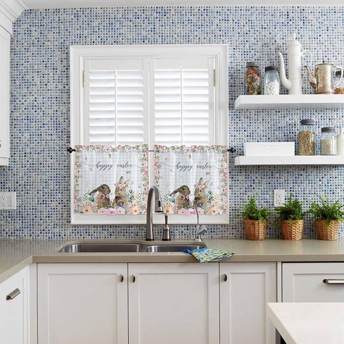 Rabbits Flowers Easter Kitchen Curtains and Valances Set,Eucalyptus Leaf Spring Summer Window Tiers Grey White Buffalo Plaid Half/Short Curtains for Small Windows Cafe /Living Room/ Bedroom 54x 36 in