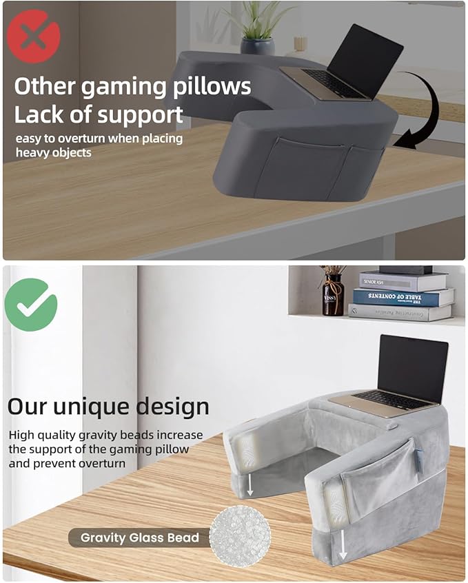 Weighted Idea Reading Pillow for Gaming, Extra Large Arm Rest Pillow for Adult,Lap Desk Pillow Gaming Pillow with 2 Side Pockets for Gaming, Reading, Working Sitting in Bed Floor Sofa (Grey)