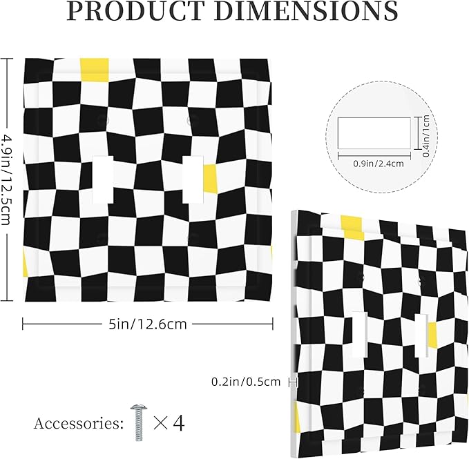 Black and White Distorted Squares Double Toggle Light Switch Covers 2 Gang Wall Plate Dual Decorative Switchplate Electrical Faceplate for Bathroom Country Kitchen Bedroom Decor, 4.9" x 5"