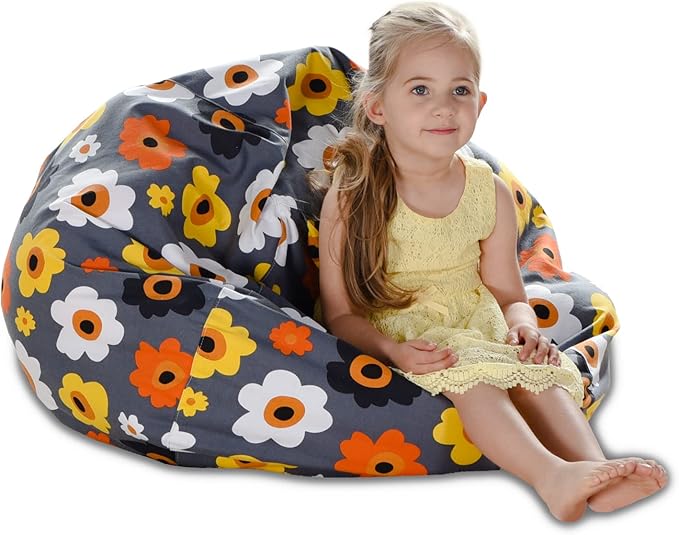 YuppieLife Kids Storage Bean Bag Cover(No Filling)Toy Organizer|Carrying Handle Sofa|Available for Kids and Teenager|Cuddle Chair|Machine Washable and Durable(27“,Grey Flora)