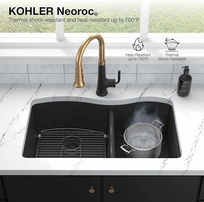 KOHLER K-28000-CM6 Cairn 27.5" Neoroc Composite Undermount Single-Bowl Kitchen Sink, Composite Kitchen Sink with Sink Rack, Matte White