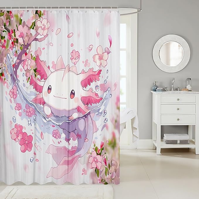 Feelyou Boys Girls Cute Axolotl Bathroom Shower Curtain Set Ocean Sealife Bath Curtain Kawaii Shower Curtain Kids Cartoon Salamander Teens Bathroom Accessories Room Decor 72"x78"