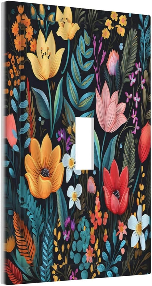 Boho Floral Vintage Flower Leaves Rustic Wildflower Plants 1 Gang Light Switch Covers Single Toggle Wall Plate Decorative Switchcover Electrical Switchplate for Country Bathroom Bedroom Decor