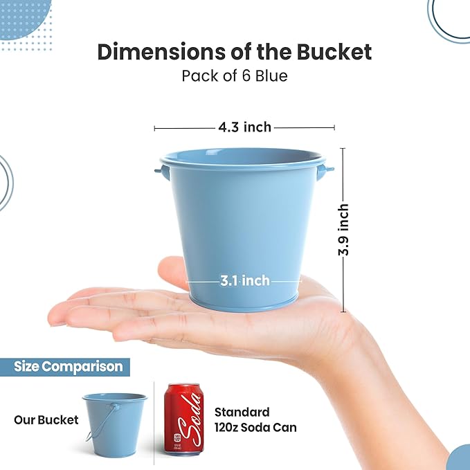 Small Metal Buckets with Handle 6 Pcs – Galvanized Bucket Leak Proof & Rust Resistant 20 fl oz Capacity - Best for Party Décor, Organizing & Decorating Classrooms (Blue, Small 4.3" Top)
