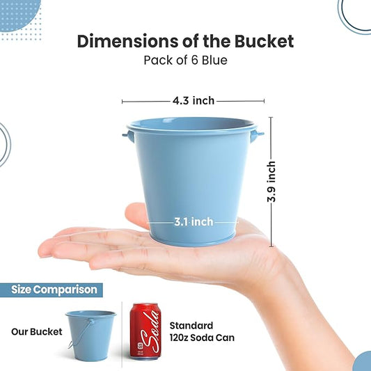 Small Metal Buckets with Handle 6 Pcs – Galvanized Bucket Leak Proof & Rust Resistant 20 fl oz Capacity - Best for Party Décor, Organizing & Decorating Classrooms (Blue, Small 4.3" Top)