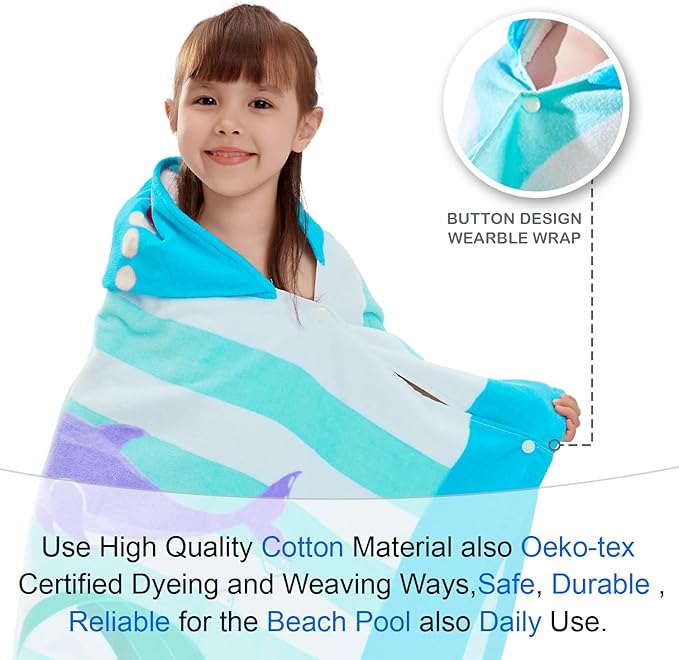 VOOVA & MOVAS Toddler Bath Towels Age 3-10,100% Cotton | Soft | Thick, Hooded Towel for Kids Girls, Perfect for Beach, Pool, Bath,Swim, Stripe Mermaid