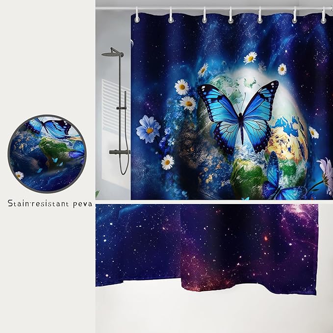 AILONEN Blue Butterfly Shower Curtain 36" W*72" H,Mystic Galaxy Earth Starry Bathroom Decor,Modern Floral Butterfly Bath Curtain Polyester Waterproof Bathroom Curtain with 12 Hooks