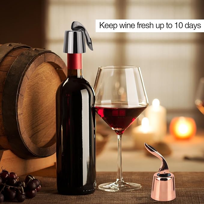 3Pcs Stainless Steel Wine Stoppers, Reusable Wine Bottle Stopper with Silicone Seal, Wine Saver and Decorative Bottle Sealer, Beverage and Wine to Keep Fresh (Silver+Black+Rose Gold)