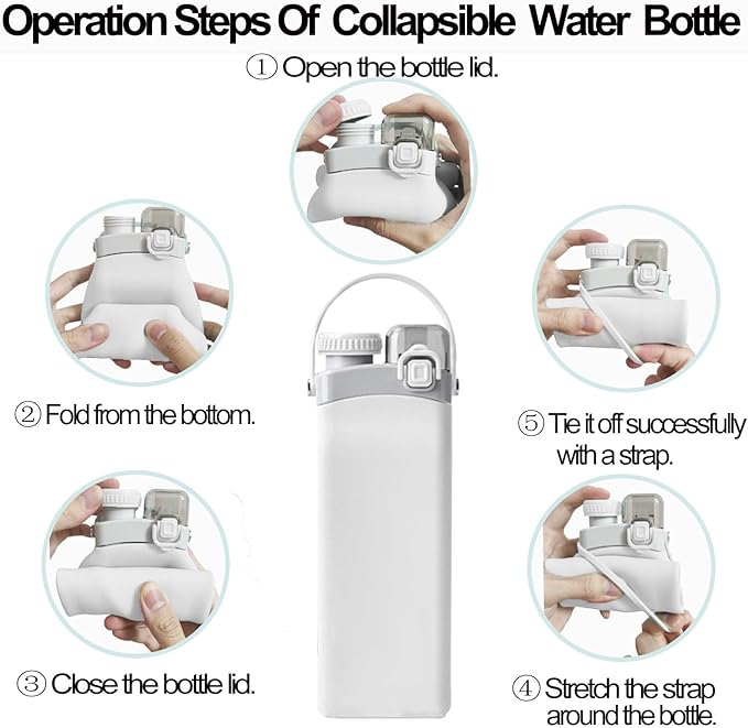 THAIOXYH® Collapsible Water Bottle 20 oz(600ml) Silicone BPA Free Reuseable Lightweight Foldable Water Bottles for Traveling Running Hiking Camping Sports (White)
